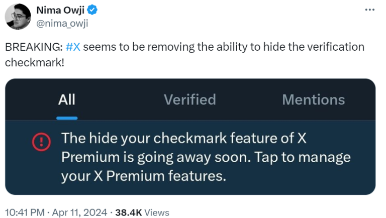 The Effects of X's Choice to Eliminate Checkmark Hiding on Online Privacy
